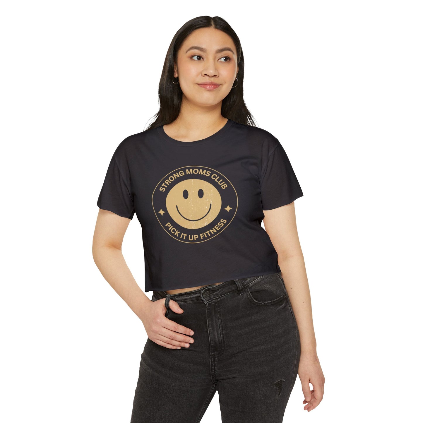 Yellow Smiley Strong Moms Club Crop Top
